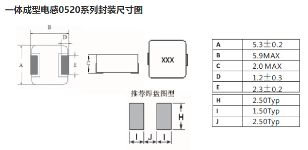 一体成型电感0520系列封装尺寸图