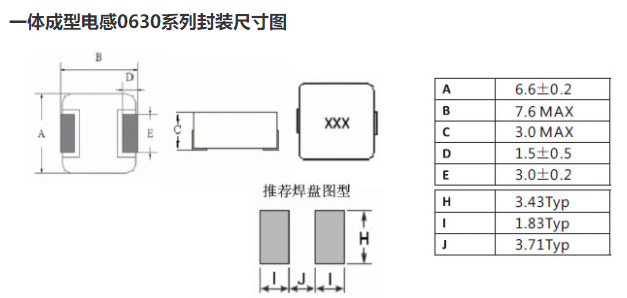 一体成型电感0630系列封装尺寸图